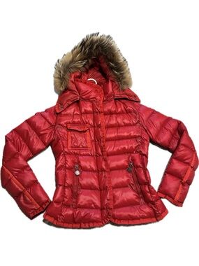 Red Women's Moncler Armoise Puffer Coat With Real Fur Trim